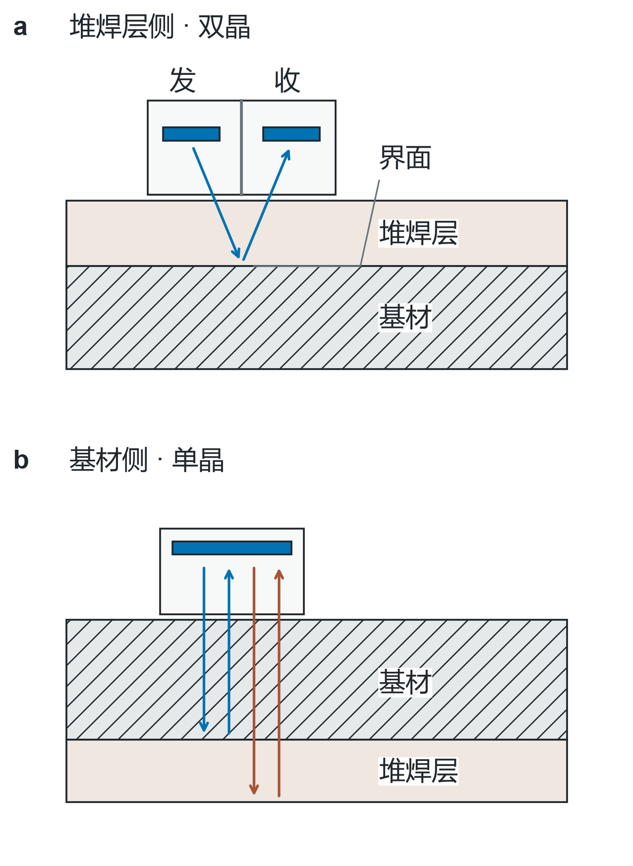 图1 检测面决定探头组合和需要识别的回波。a,从堆焊层侧采用双晶直探头,识别堆焊层与基材界面回波;b,从基材侧采用单晶直探头,需要区分界面回波与底面回波。依据第7.11.1条及第7.11.5条;声路为原理示意,层厚和探头尺寸不按比例。