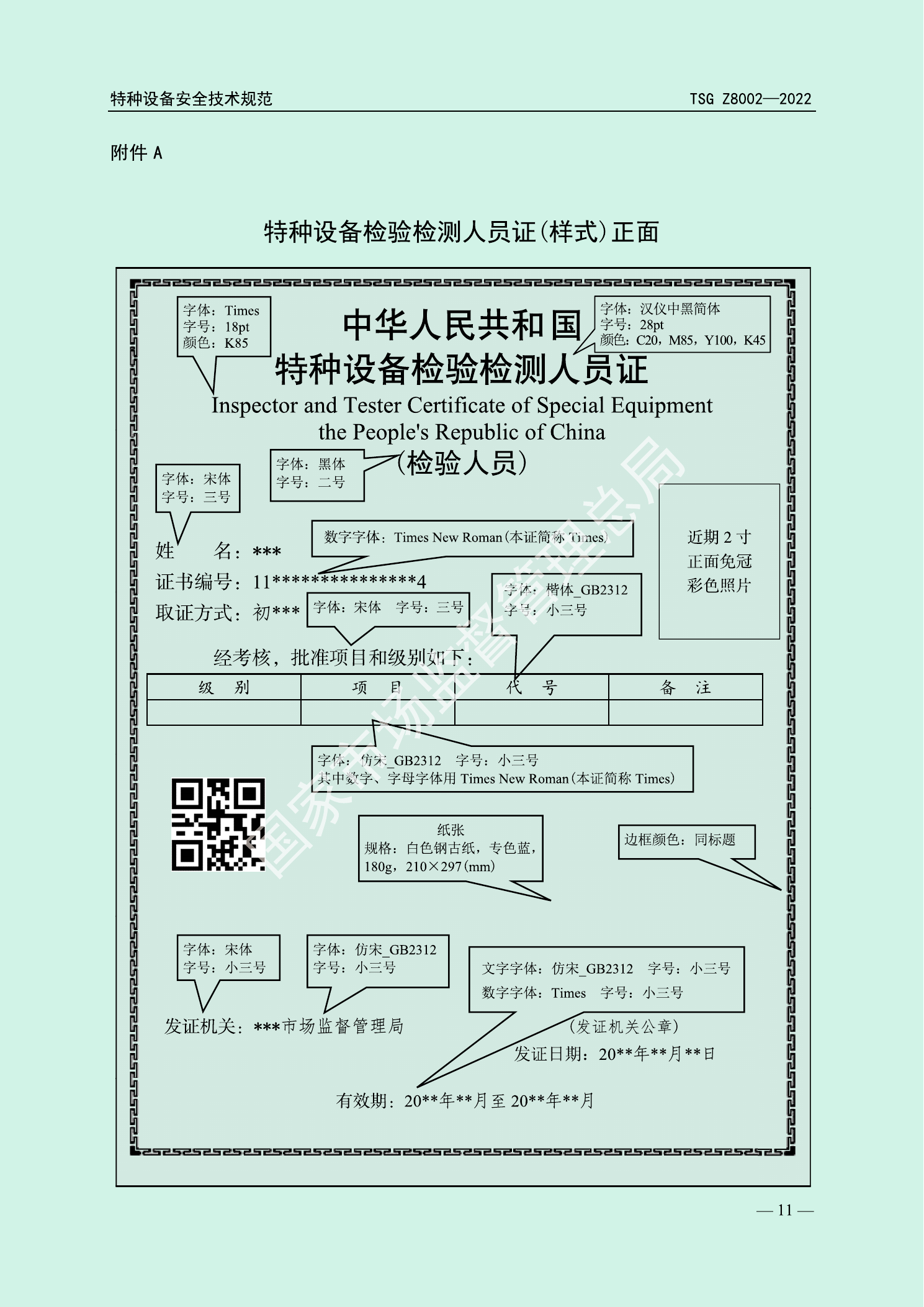 总局正式PDF第15页:特种设备检验检测人员证(样式)正面